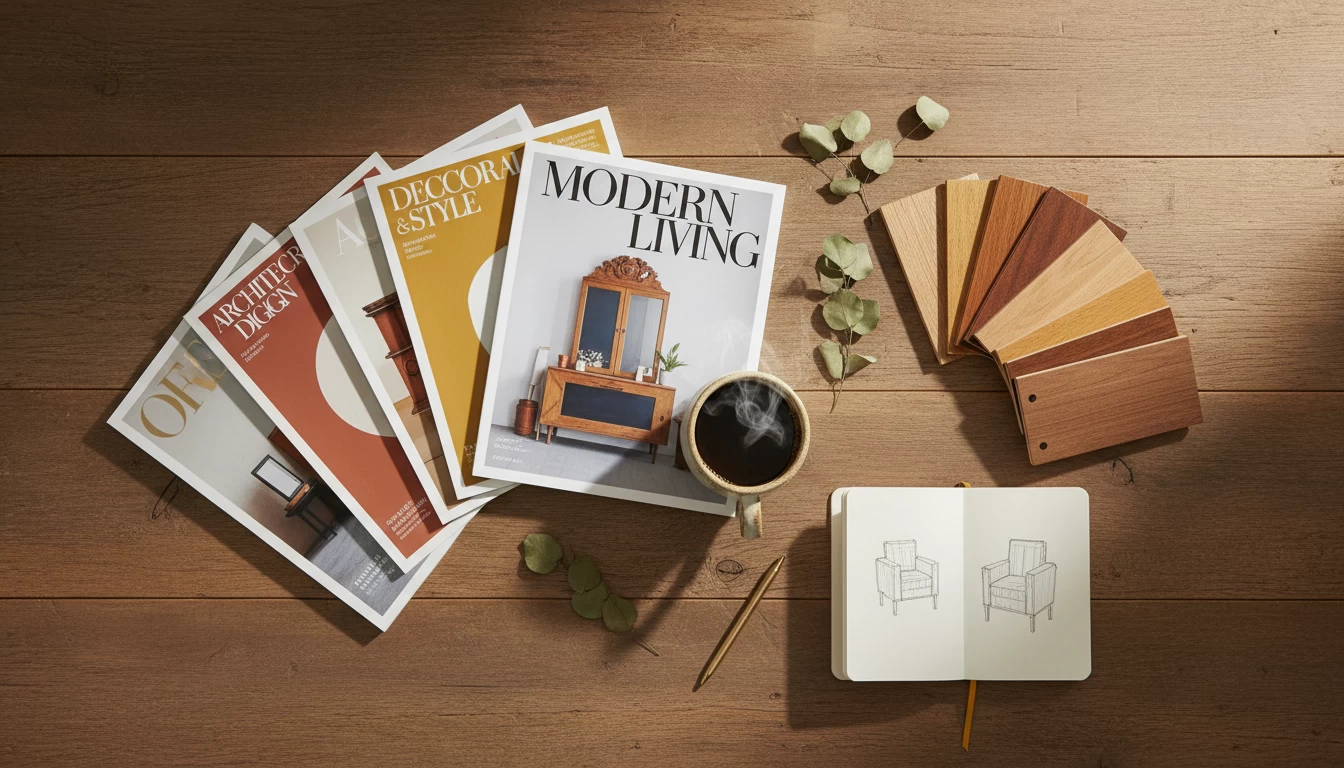 Design inspiration magazines and wood samples